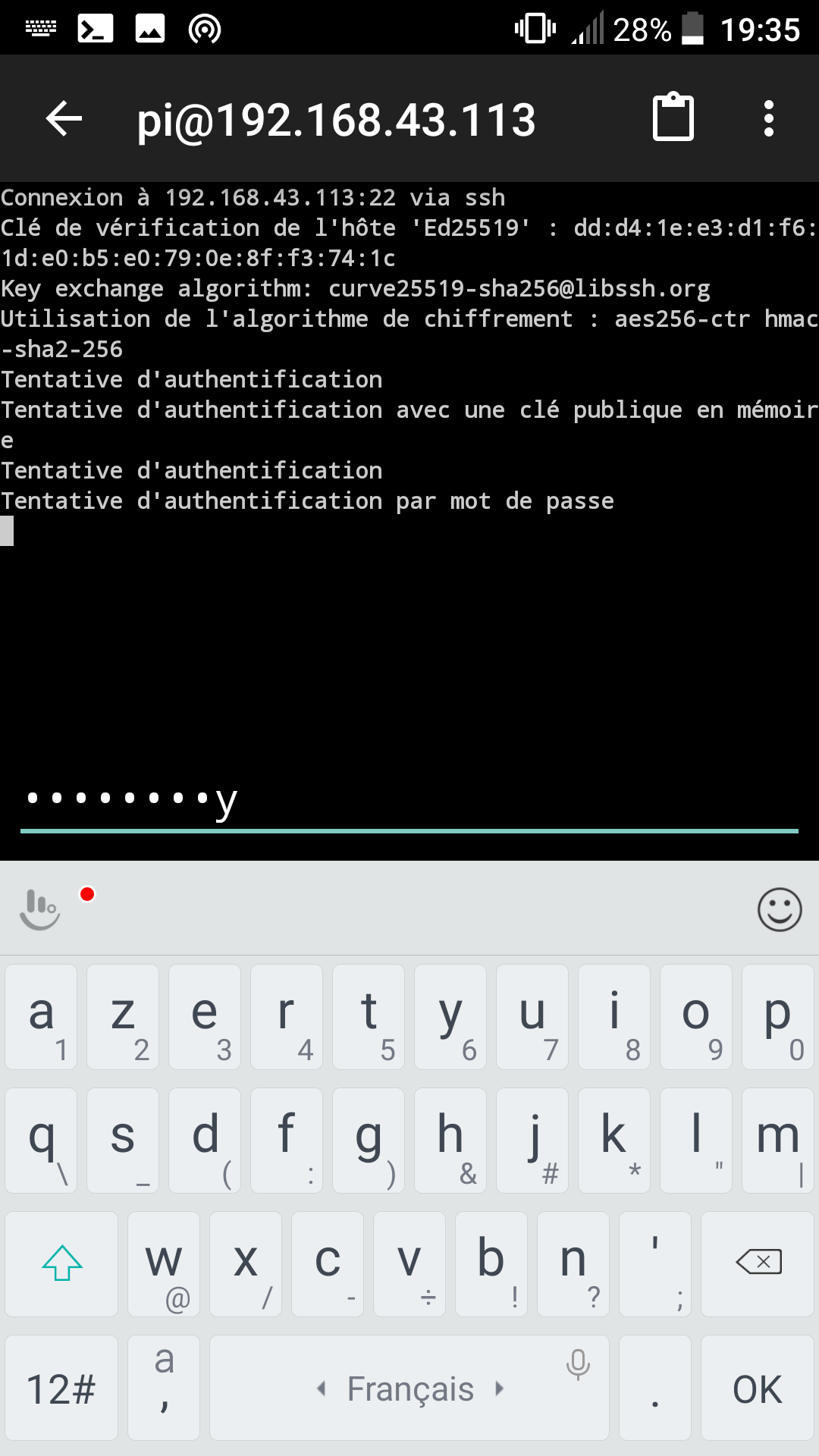 Capture d'écran Android ConnectBot Raspberry Pi