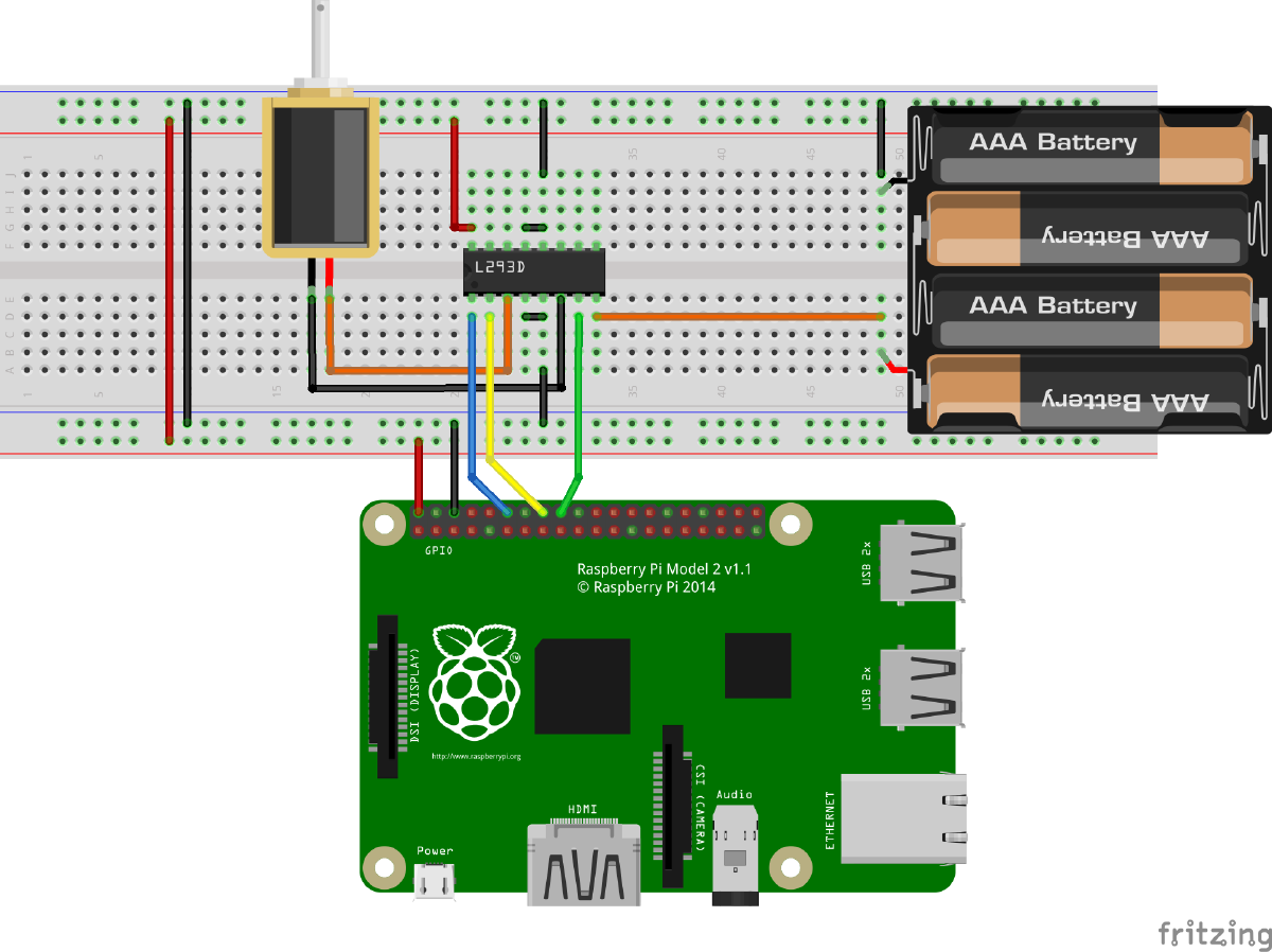 Schéma de montage pour contrôler un moteur avec Raspberry Pi et le circuit intégré L293D