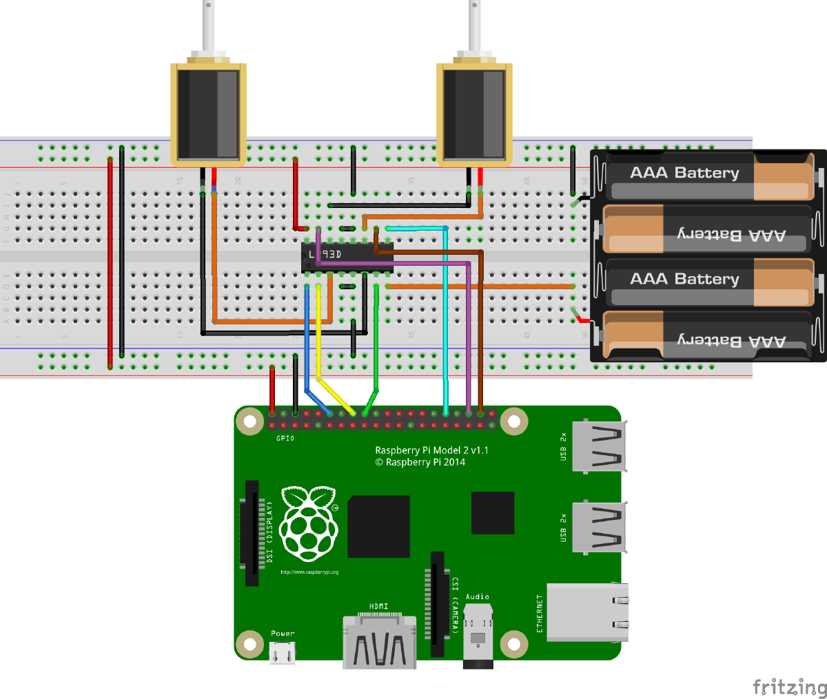 Schéma montage pour contrôler deux moteurs avec Raspberry Pi et la L293D