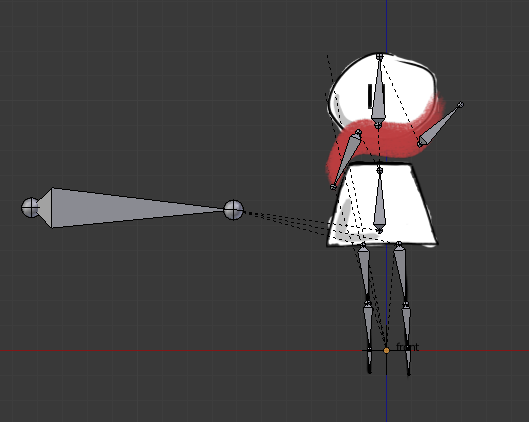 Les os sont les triangles gris, ils peuvent pivoter autour de leur axe représenté par la boule au bout du petit triangle. Blender COA Tools skeleton