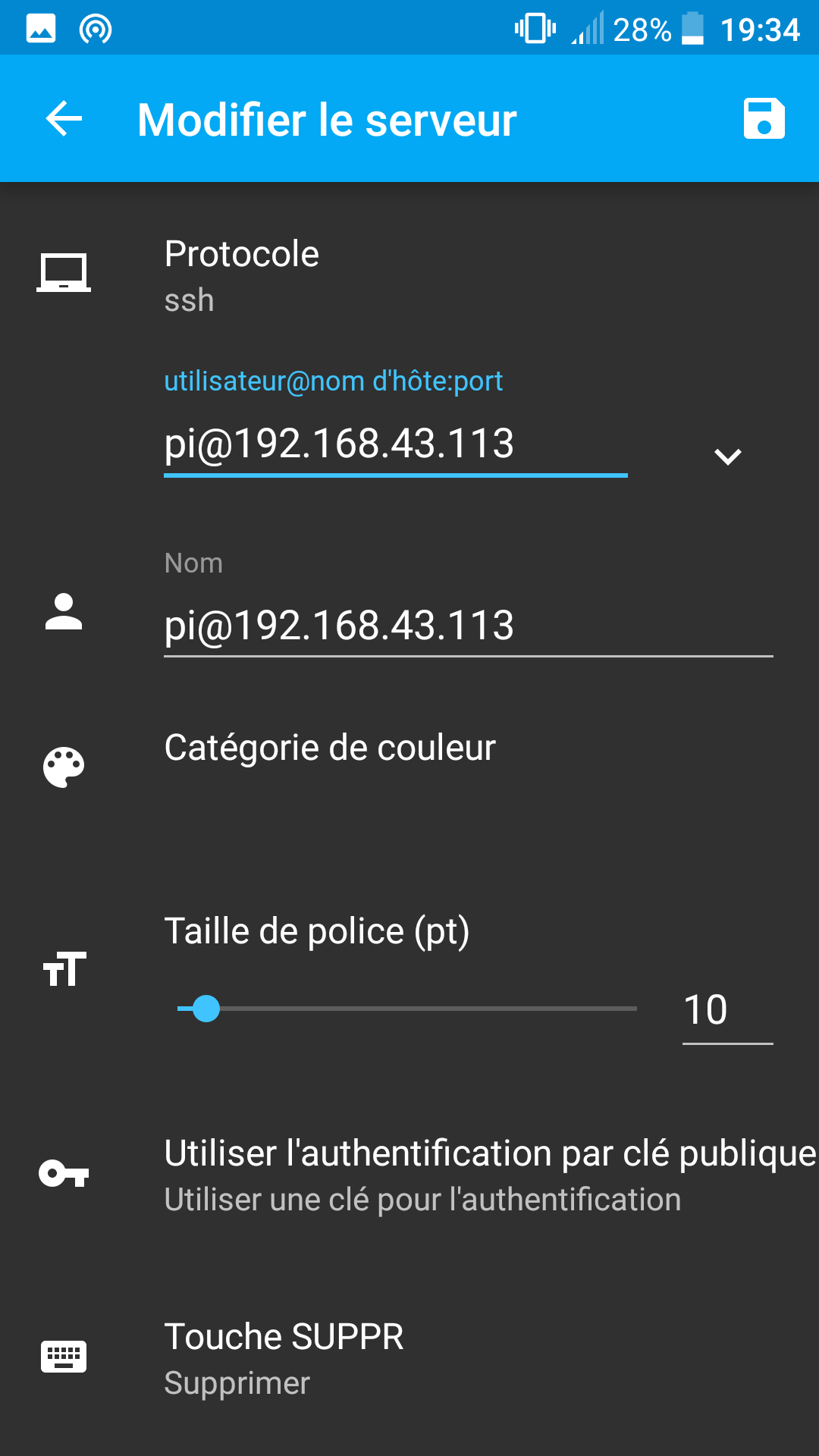 Capture d'écran Android ConnectBot Raspberry Pi