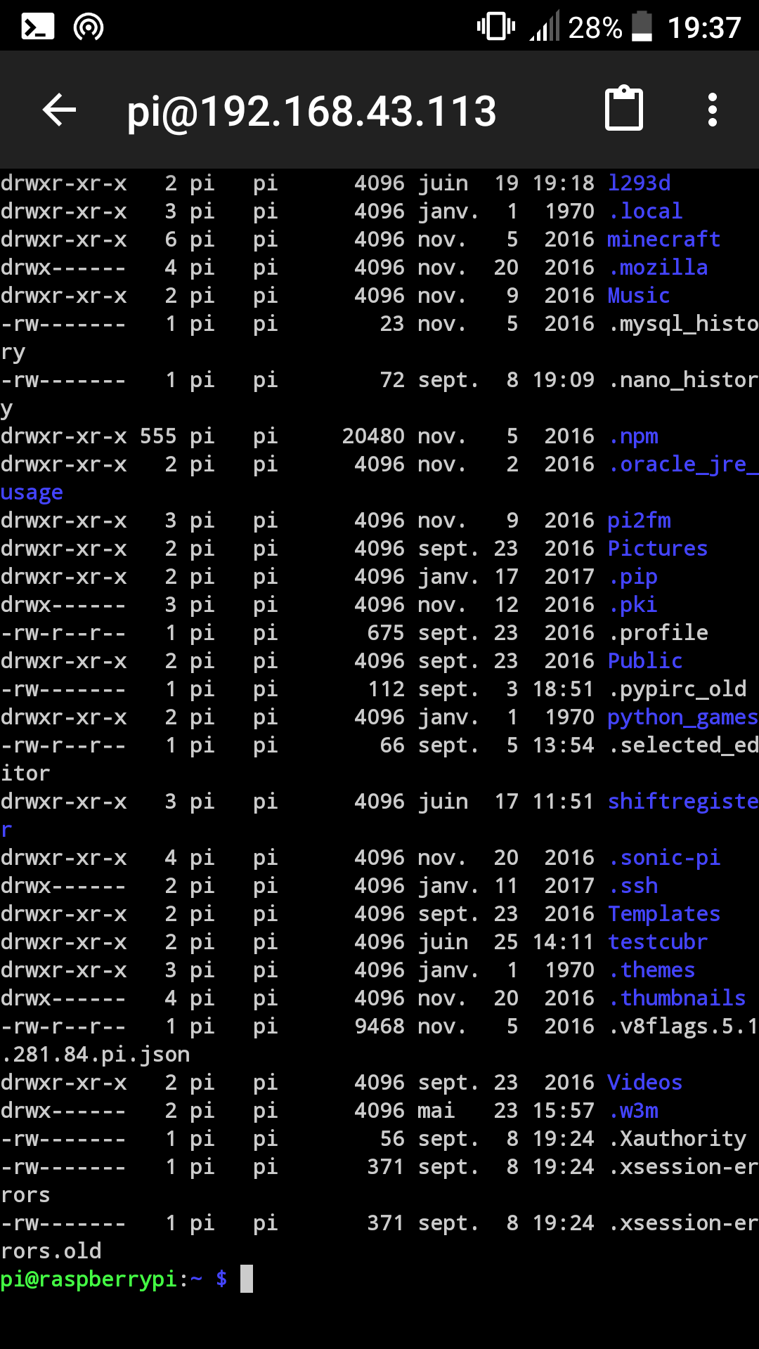 Capture d'écran Android ConnectBot Raspberry Pi