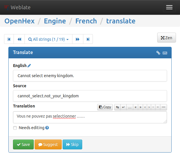 Traduisons mon application en français ! Capture d’écran de Weblate